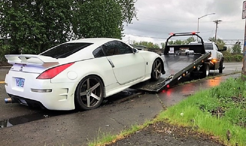 This Nissan was towed by police during a street racing event, May 5, 2023 (PPB)