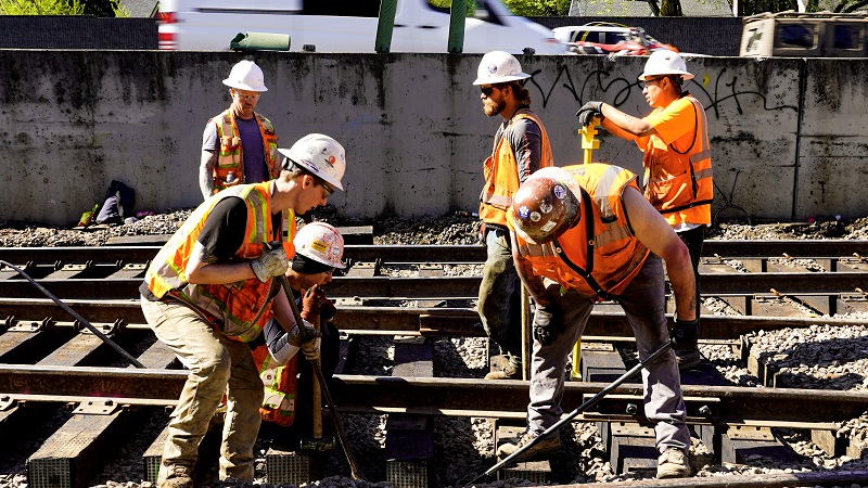 TriMet crews work on the tracks near the Gateway Transit Center, May 2023 (TriMet)