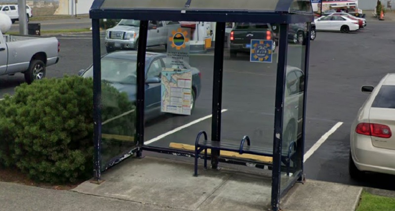 A bus stop along Fort Stevens Highway in Warrenton, Oregon, as seen on Google Street View, May 2, 2023